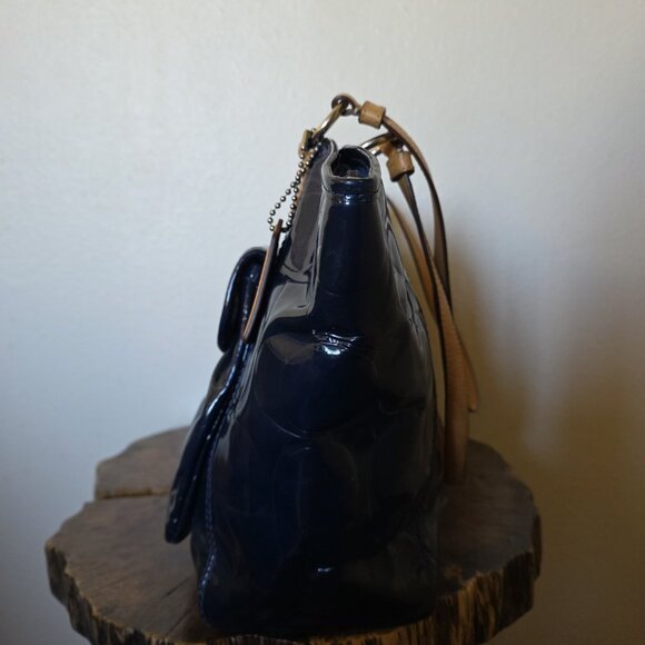 Coach Leah Embossed Patent Leather Tote Bag Navy Blue Tan Trim Turnlock Shoulder - Picture 12 of 16